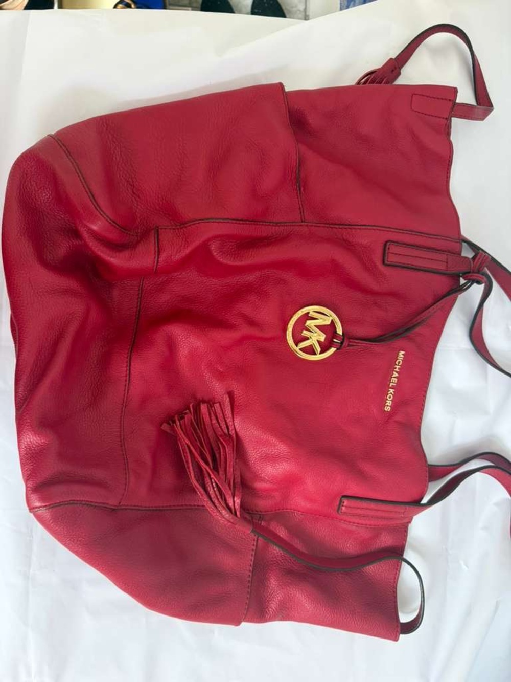 Michael Kors Cherry Red Leather Tote with Gold Logo Charm